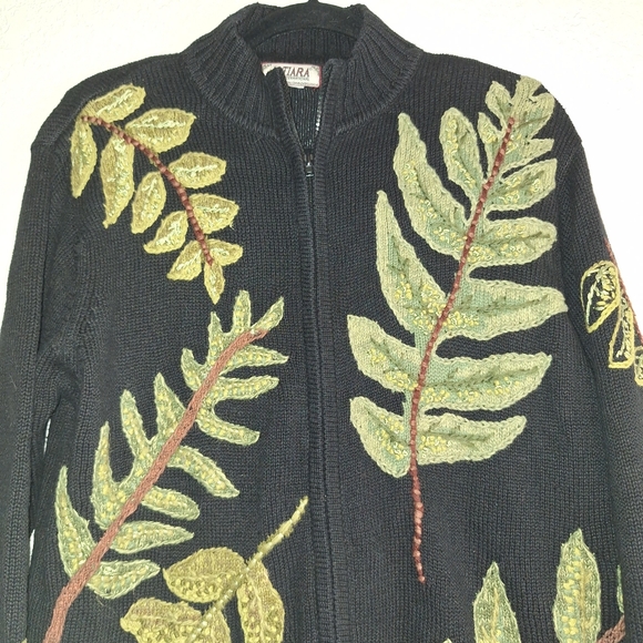 Vtg Tiara International 2004 Black Knit Full Zip Green Leaves Cardigan Sz XL - Picture 3 of 7